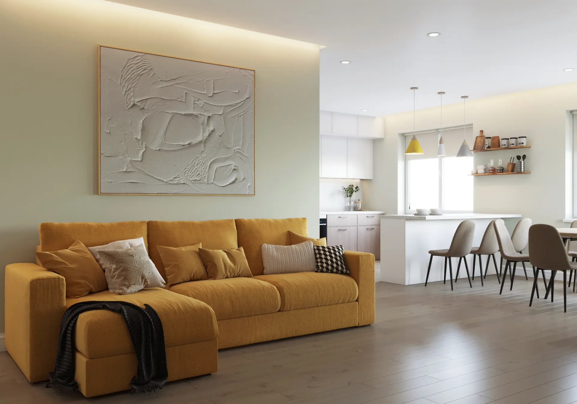 A bright living room under a pitched roof with woven pendant lights and tall windows